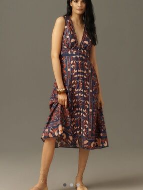 Farm Rio Boho Anthropologie Scarf Navy Sleeveless Midi Dress Sz XL NWT